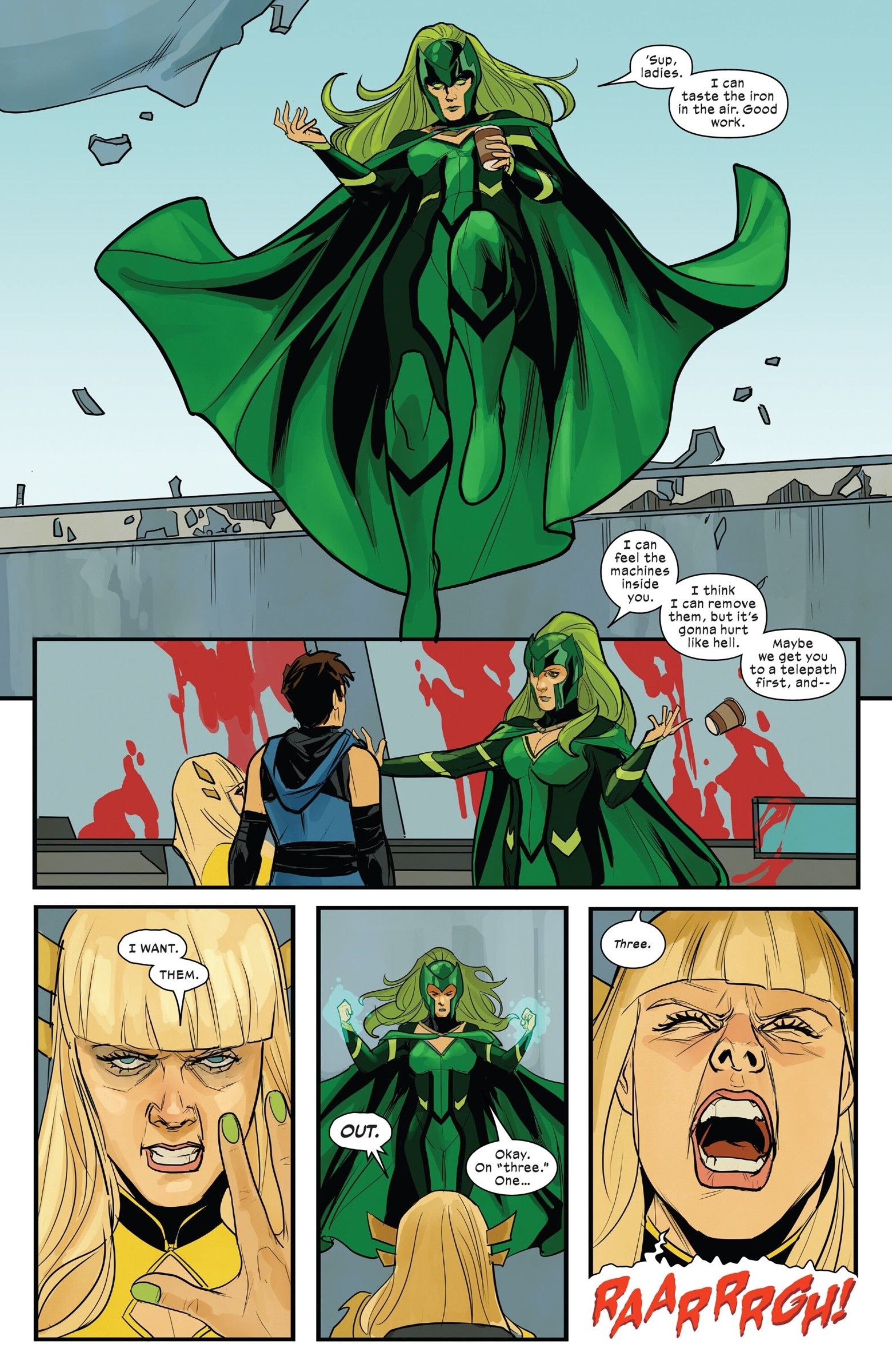 Cinco painéis de Polaris conversando com Magik e Shadowcat sobre os nanites no sangue de Magik