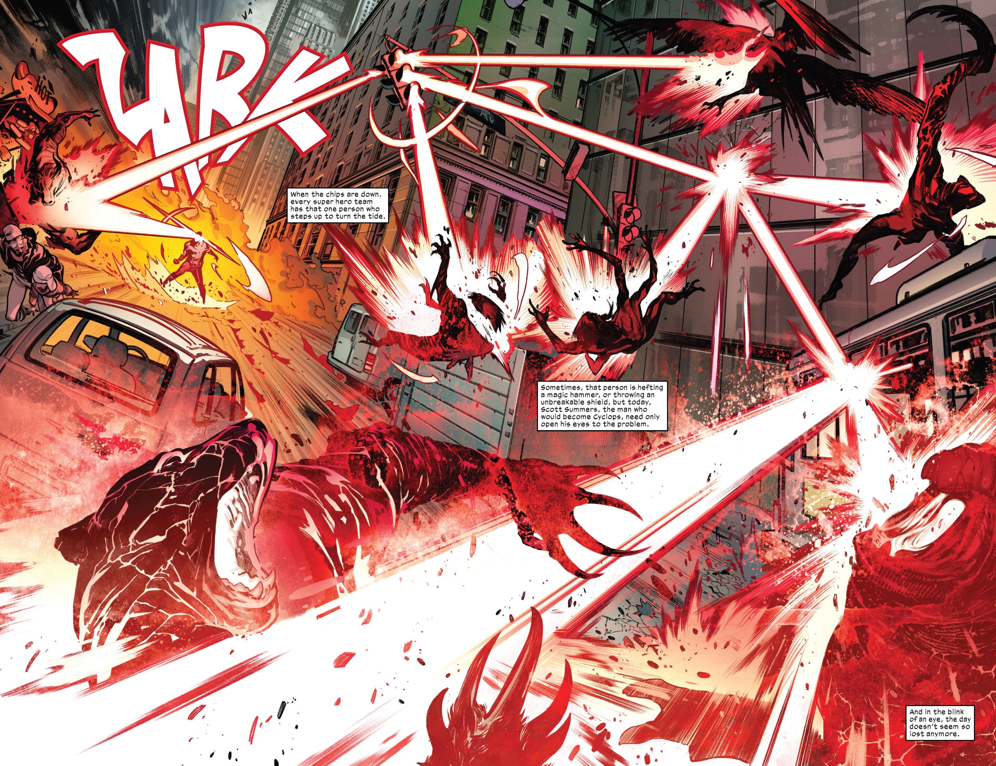 x-men's cyclops splits his blast using a traffic light to shoot many cyborg animals
