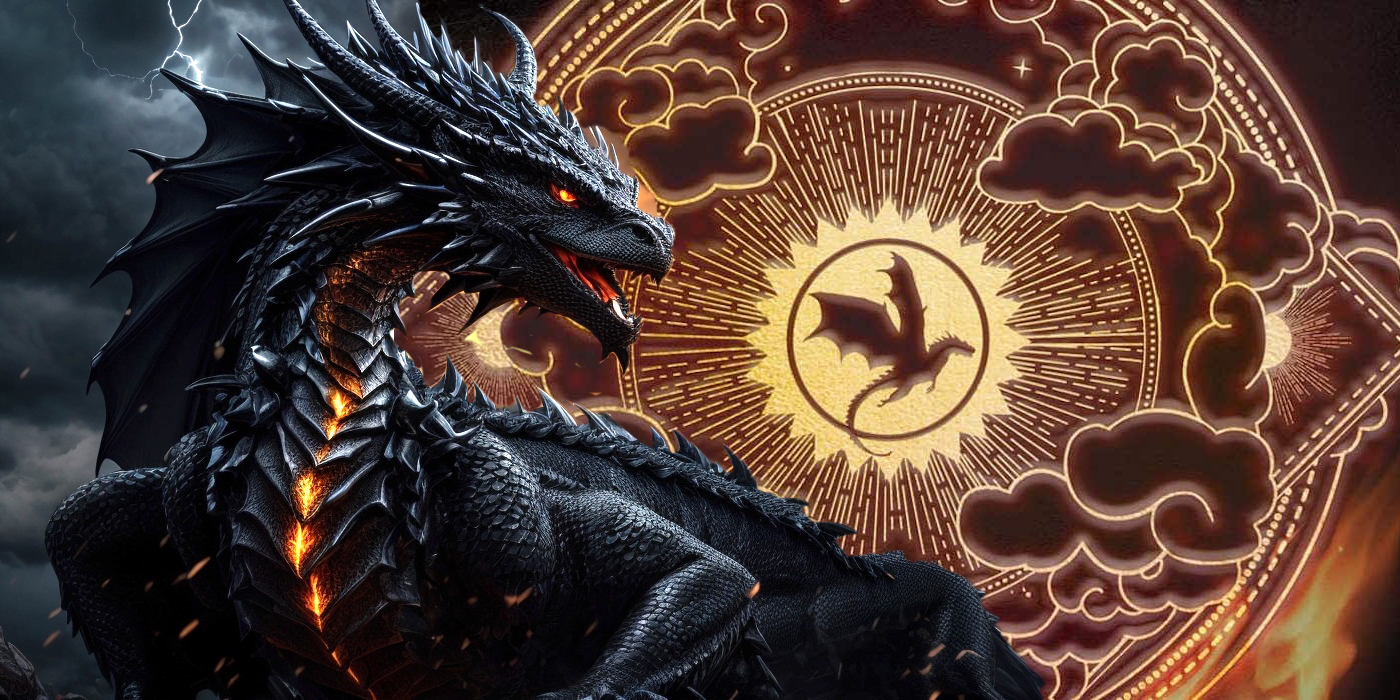 A collage of a black dragon over the official artwork for Onyx Flame