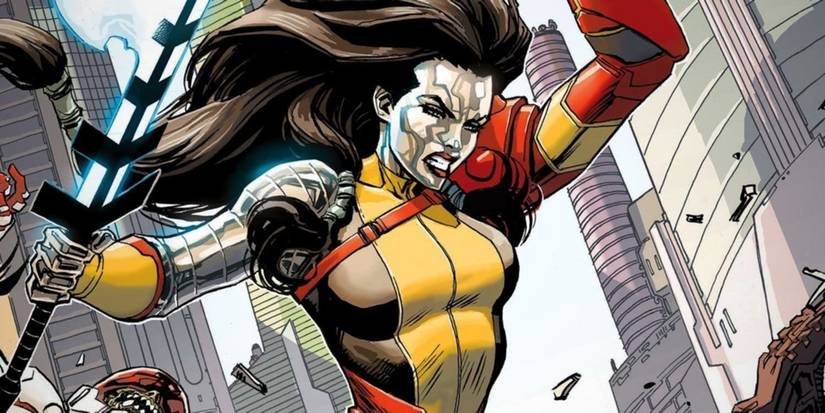 X-Men's Rasputin IV jumping into battle, with a look of determination of her face