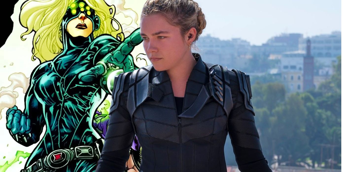 Yelena vestindo seu terno em Viúva Negra ao lado da personagem de terno verde levantando a mão na Marvel Comics