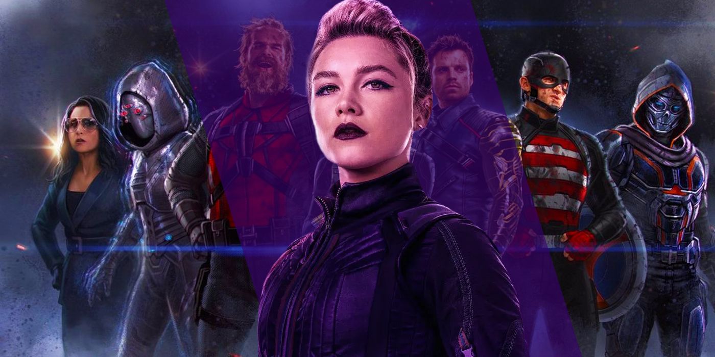 Yelena in her character poster from Hawkeye on a purple background with an image of the Thunderbolts roster behind