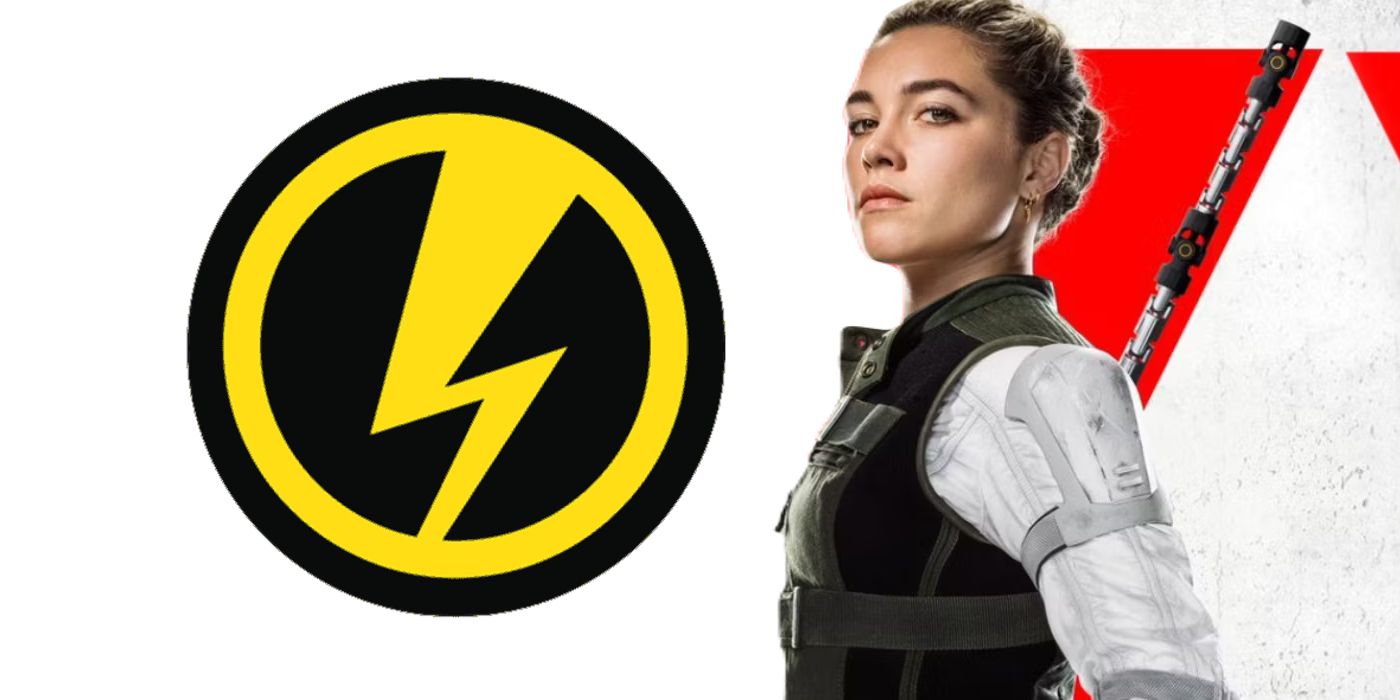 Yelena em seu pôster de Viúva Negra ao lado do logotipo dos Thunderbolts da Marvel Comics