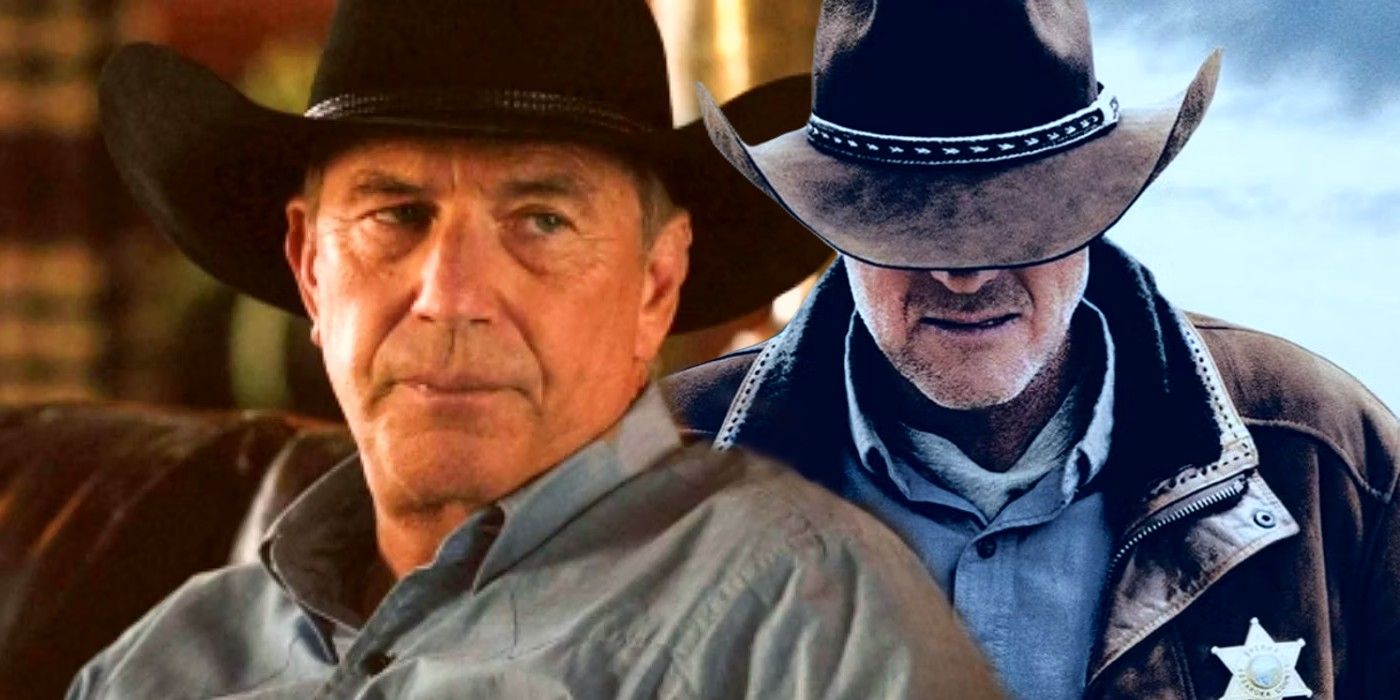John Dutton (Kevin Costner) wears a stoic expression in Yellowstone while next to him stands Walt Longmire (Robert Taylor) with his head tilted down and his hat covering his face in Longmire