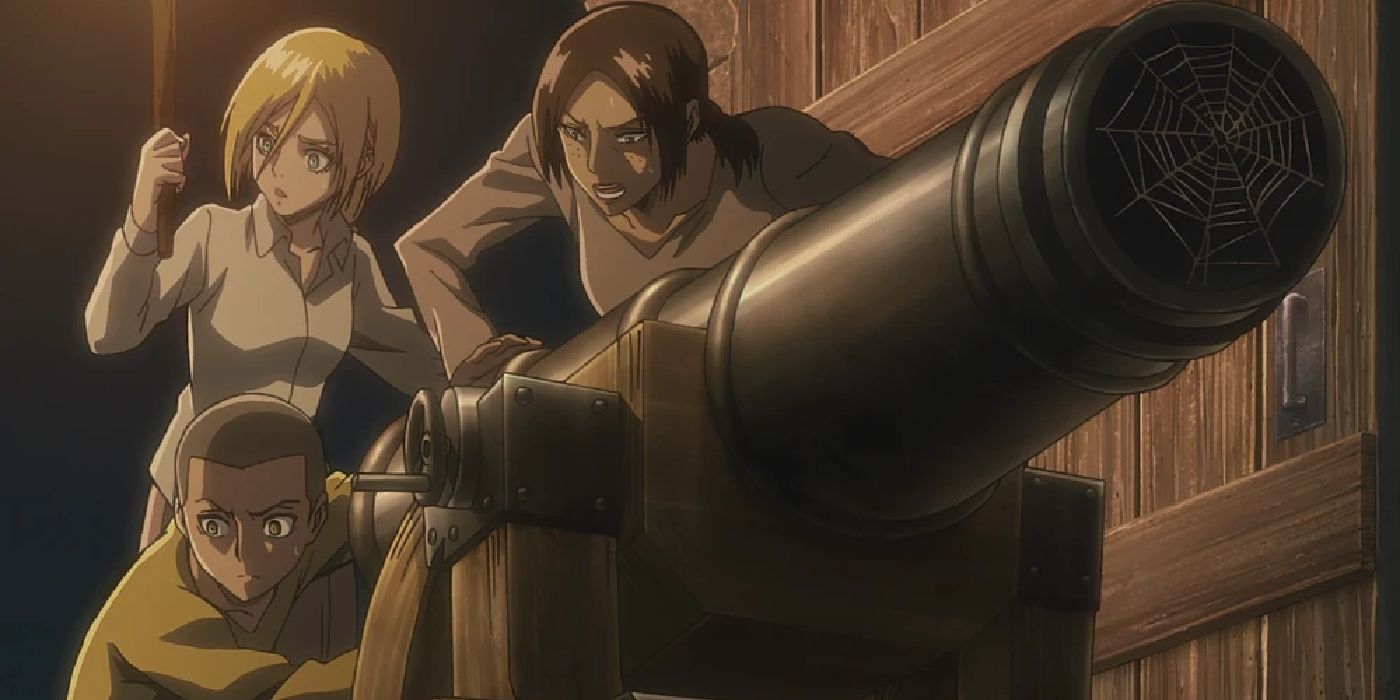 Ymir, Christa e Connie carregam um canhão com uma corda em seu cano em Attack on Titan.