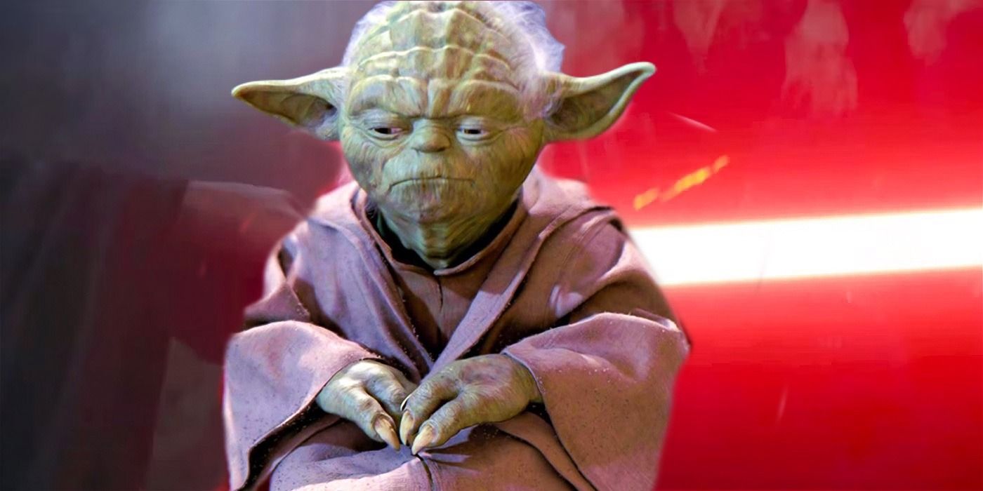Yoda from the Phantom Menace in the foreground looking serious in front of the red lightsaber from the Acolyte trailer