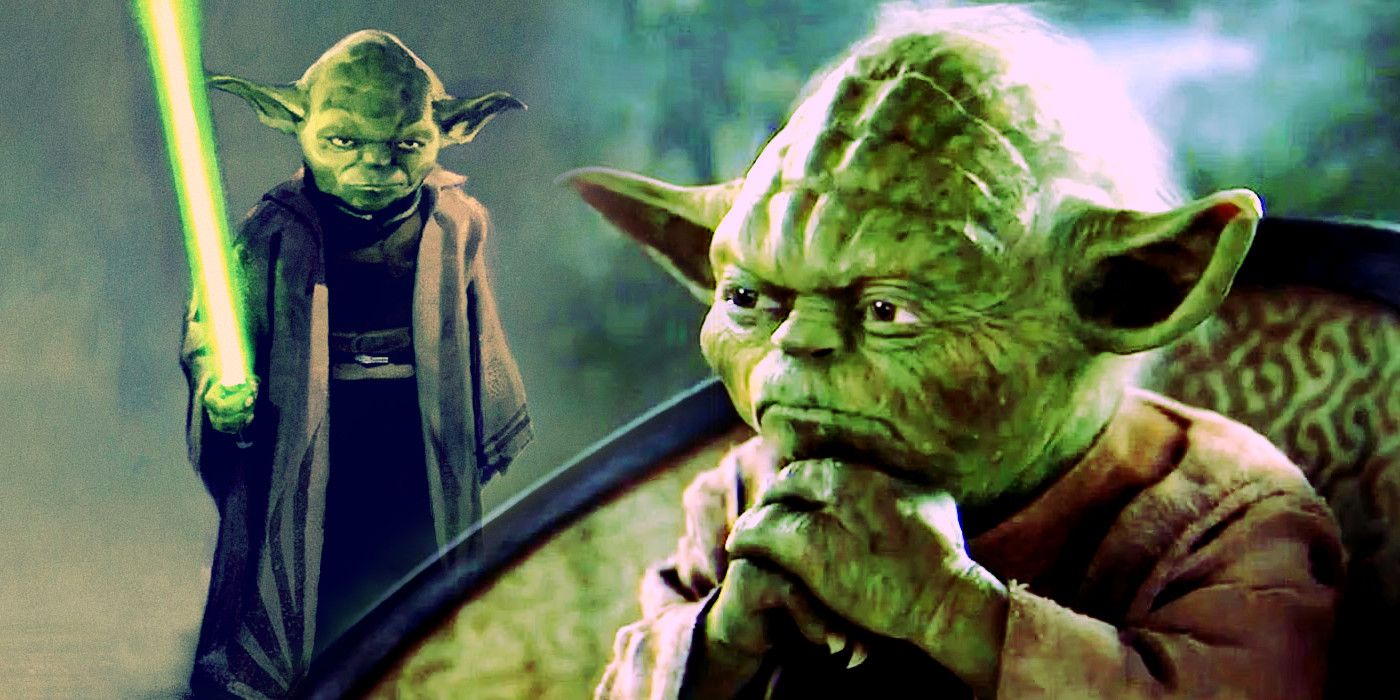 Yoda in The High Republic concept art wielding his green lightsaber, and looking thoughtful in the Star Wars prequels 
