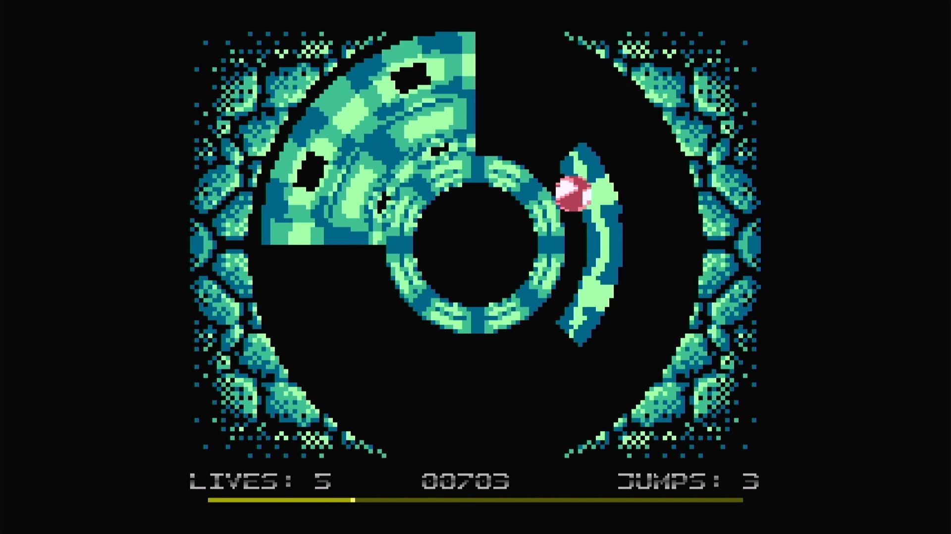 Atari 400 Mini gameplay of Yoomp!, a game where a ball bounces forward through a cylindrical tunnel.