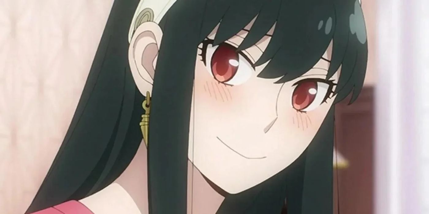 Yor Forger's Reddish Brown Eyes in a screenshot of the Spy x Family anime of her smiling at home.
