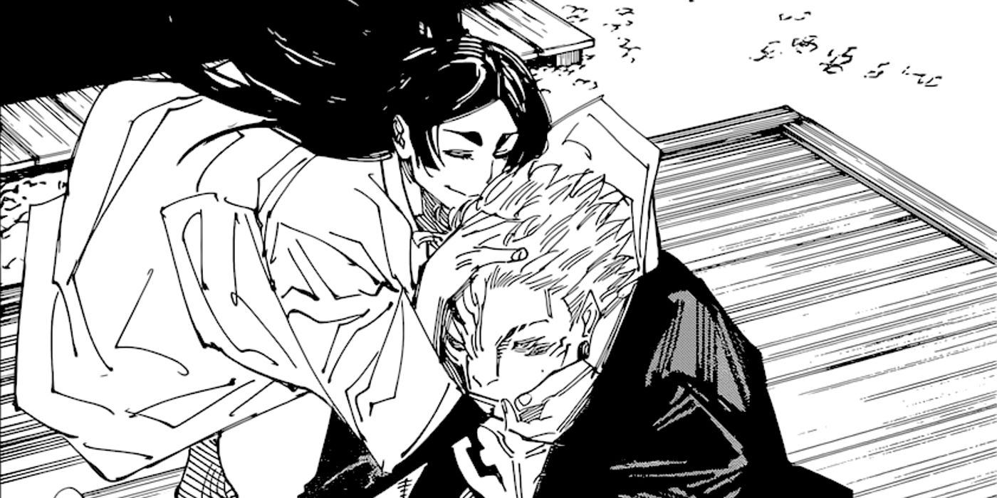 Yorozu and Sukuna as seen in the Heian Era during a flashback where Yorozu is embracing Sukuna in jujutsu kaisen