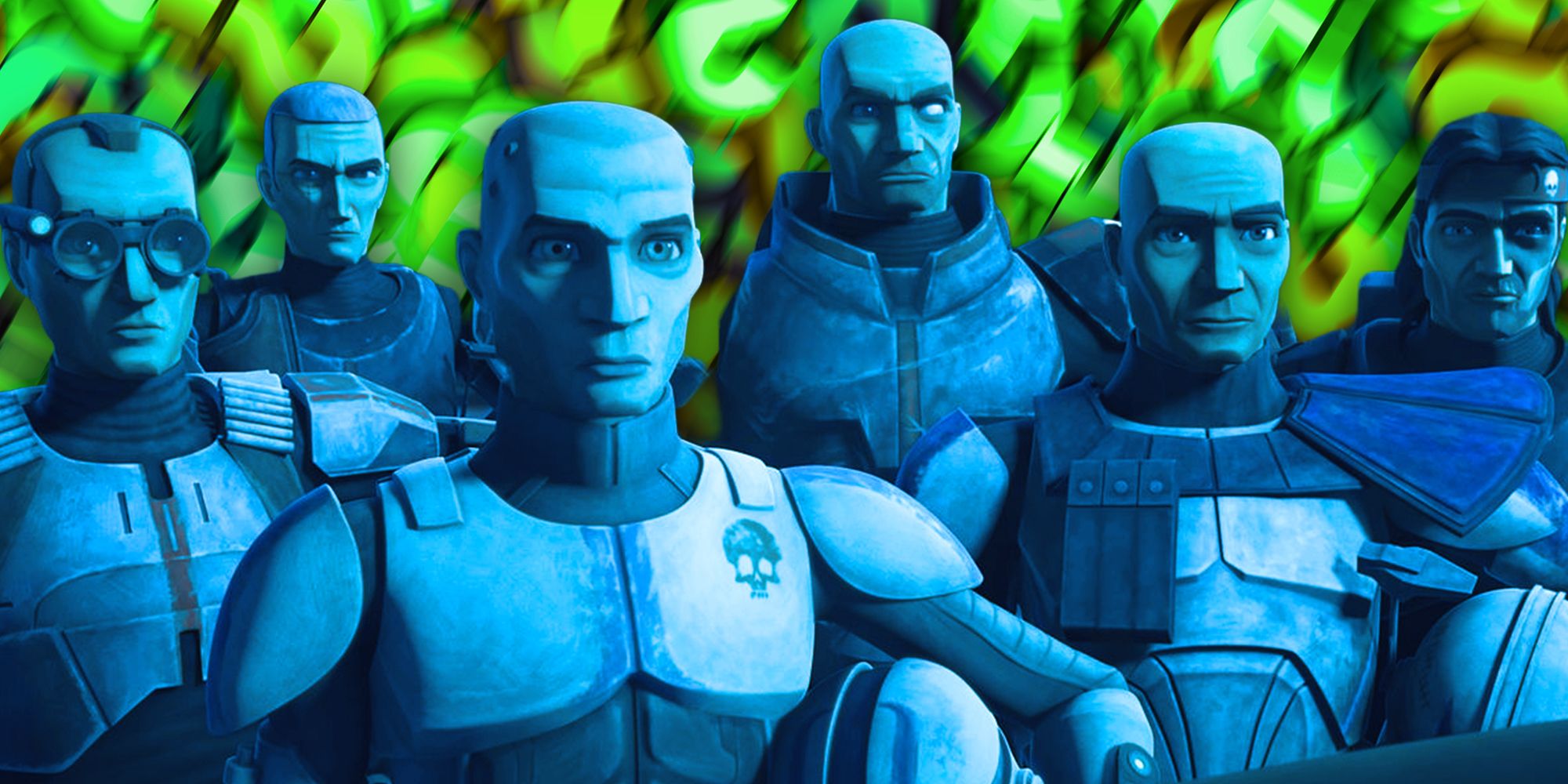 Clone Force 99 stand with Captain Rex in The Clone Wars, facing someone seriously, edited over a question mark background