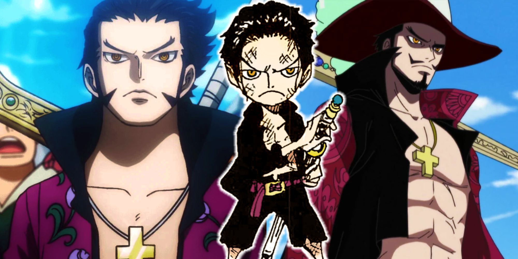 Young Mihawk in One Piece unsheathing his sword in the center with a slightly older version of Mihawk at Rogers execution on the left and Mihawk as seen in the present staring off in the distance wearing his hat to the right