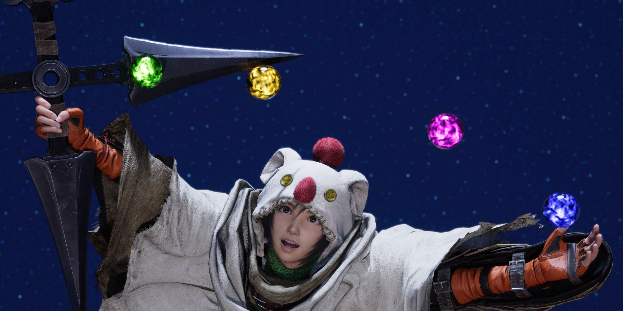 Yuffie in her Moogle hat, arms outstretched with four orbs of multicolored Materia between them, in her character intro from FF7 Rebirth.