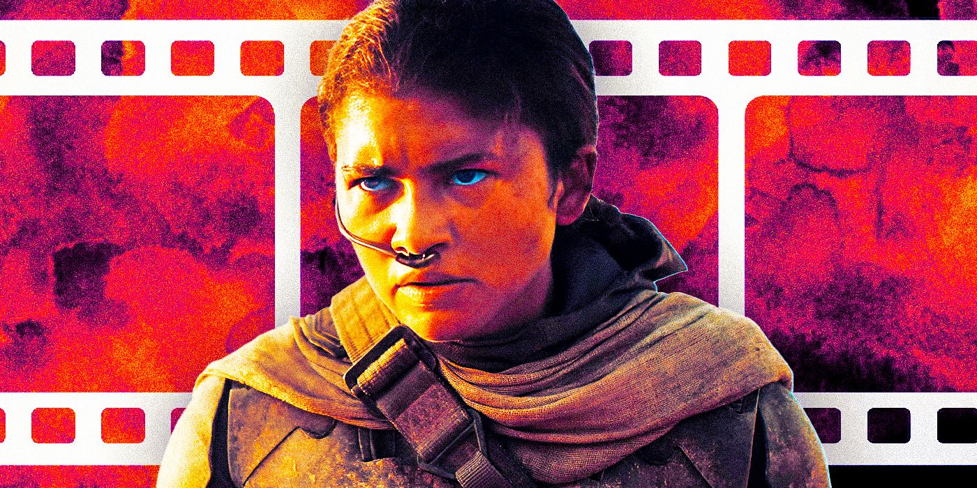 Zendaya as Chani in Dune: Part Two with film behind her