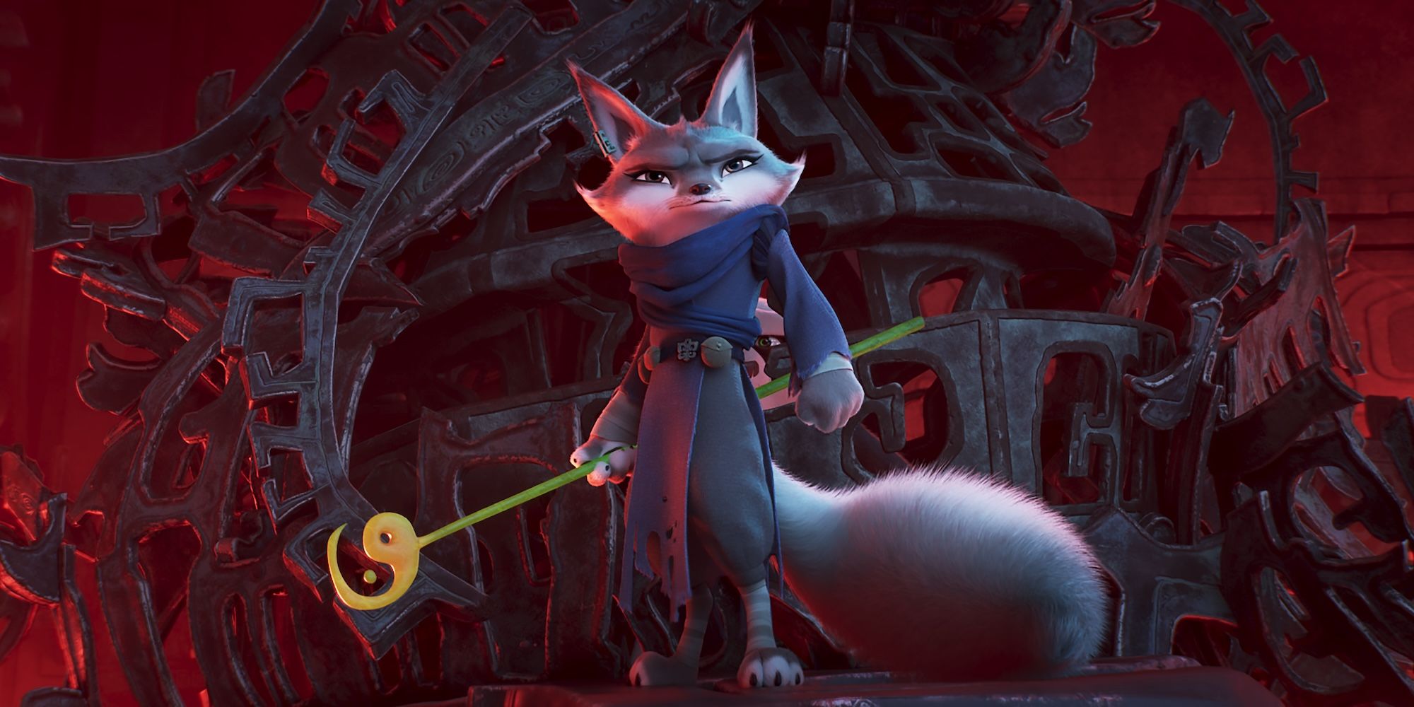 Zhen holds the staff of knowledge while fighting Chameleon in Kung Fu Panda 4
