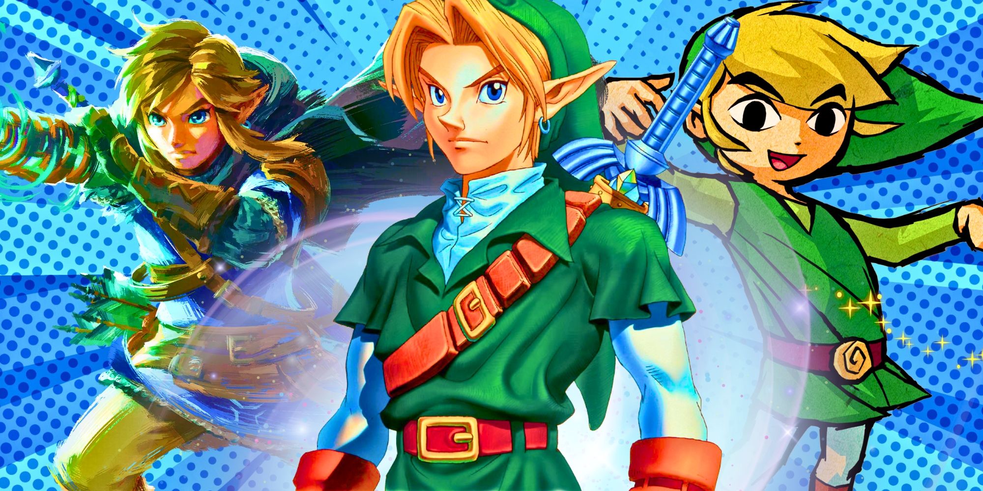 Images Of Link From Breath Of The Wild, The Wind Waker, And Ocarina Of Time