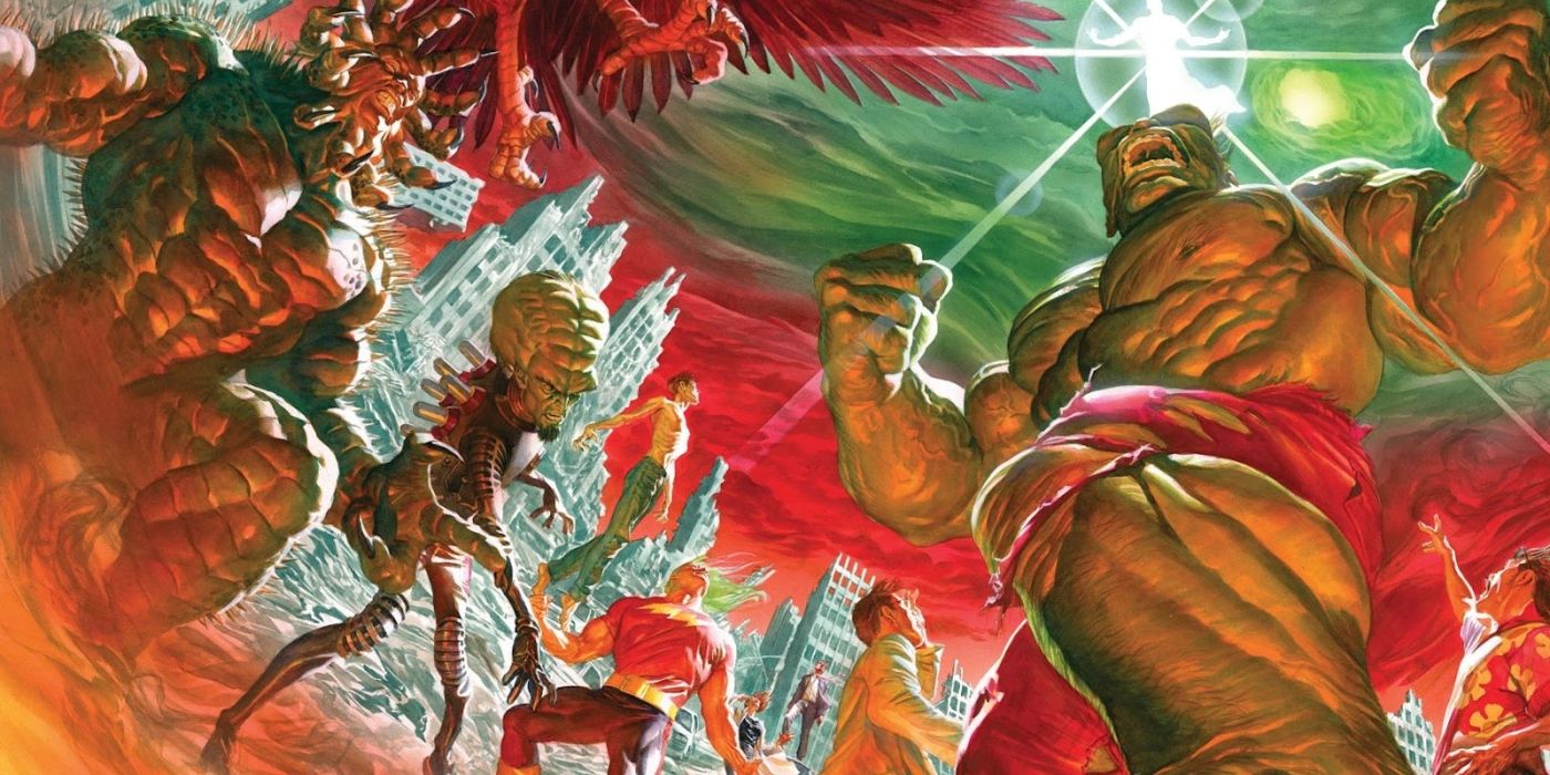 Hulk, Abomination, and the Leader, among other characters, looking up at the One Below All.