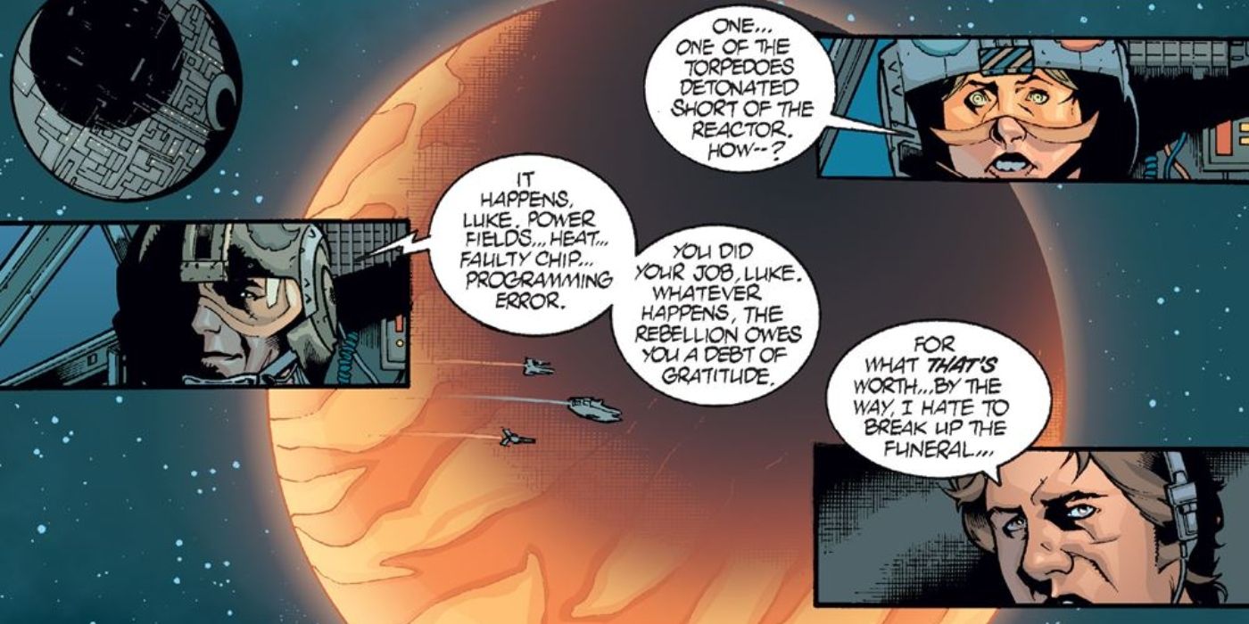 Luke Skywalker percebendo que não destruiu a Estrela da Morte em Star Wars Infinities.