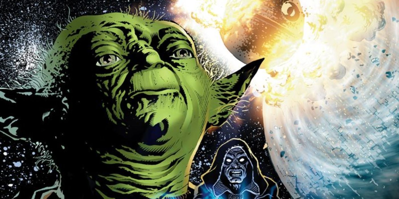 Yoda de Star Wars com um Imperador furioso e uma Estrela da Morte destruída atrás dele.