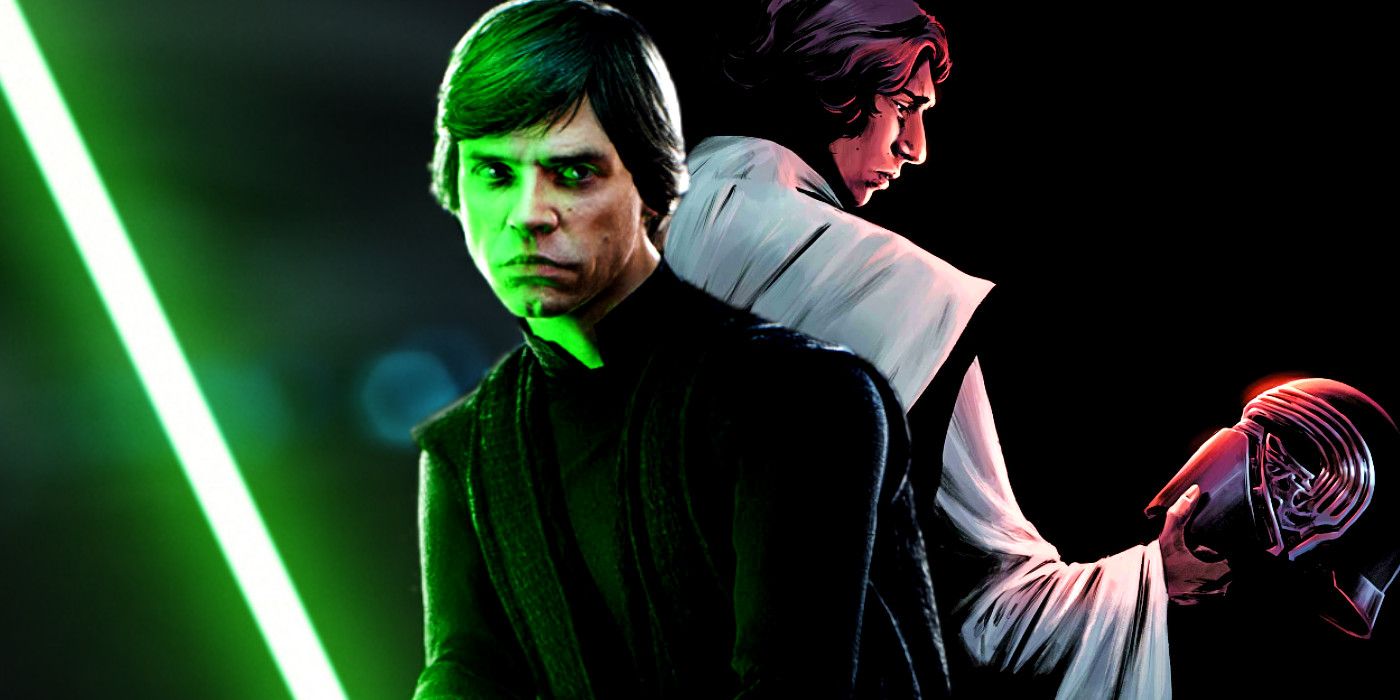 Luke Skywalker wielding his green lightsaber in Star Wars: Battlefront II (2017) and Ben Solo holding his kylo Ren mask on a variant cover of Star Wars: The Rise of Kylo Ren #1.