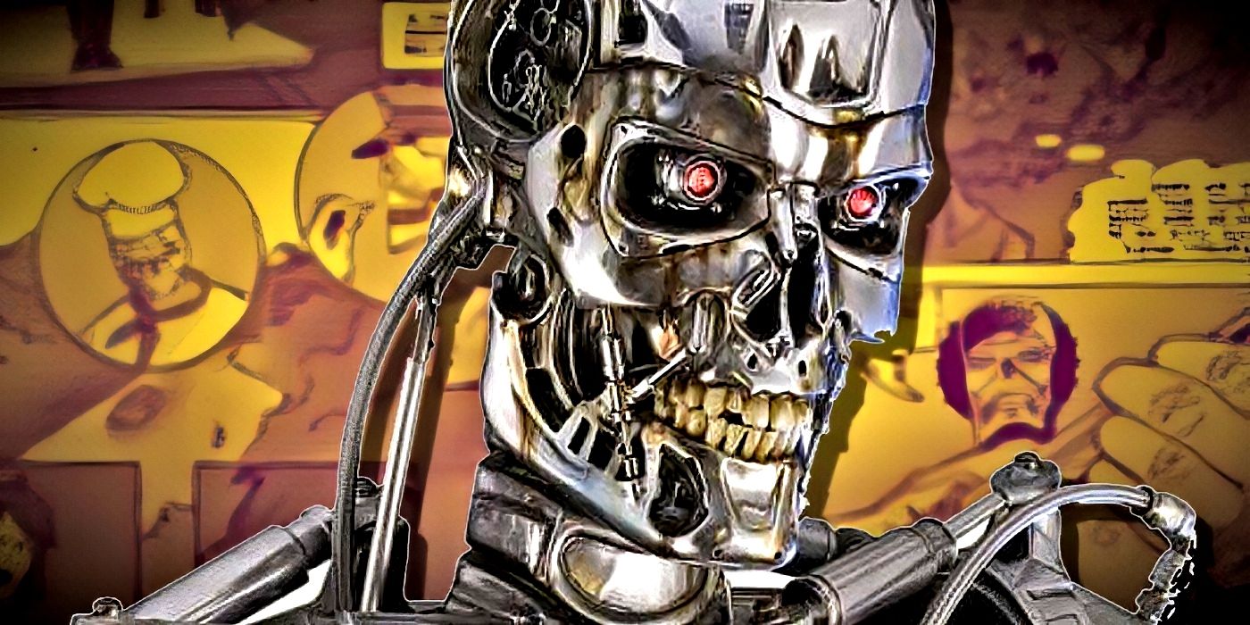 A T-800 Terminator with blurred comic book panels behind it.