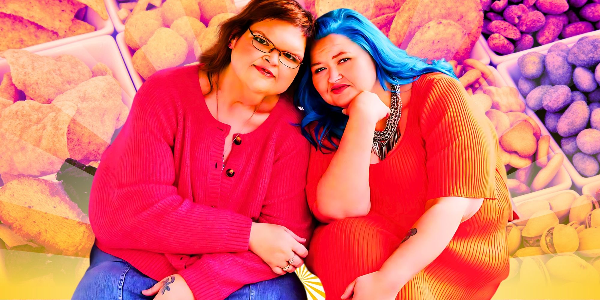 1000-lb Sisters Tammy and Amy Slaton posing for promo shot in front of snack background