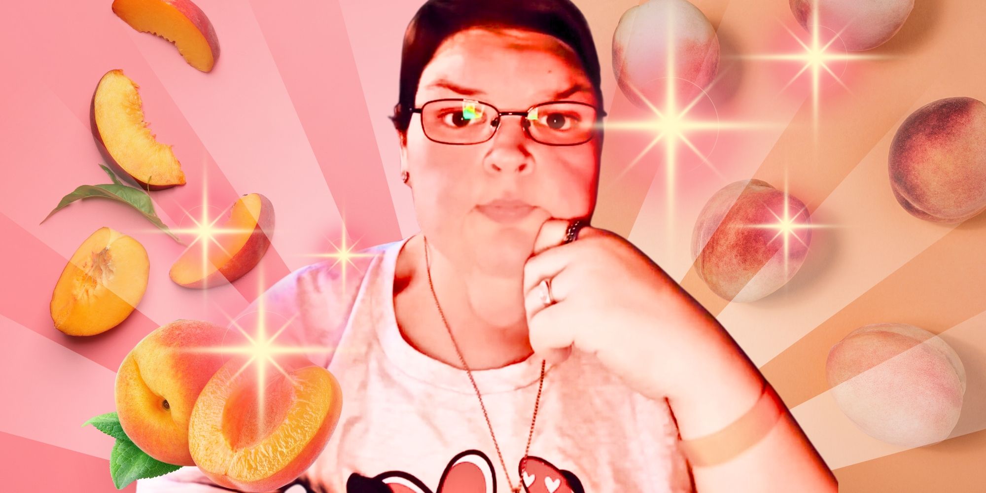 1000 lb sisters tammy slaton wearing white t shirt peaches in baclground pink and orange tones