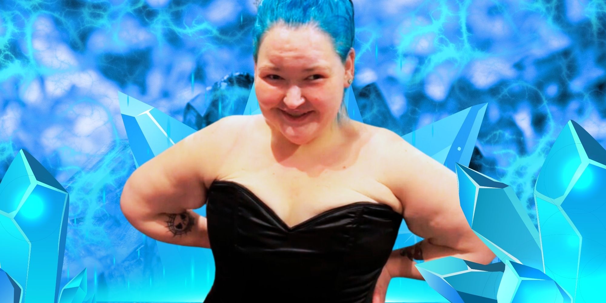 1000-Lb Sisters Amy Slaton with blue sapphire gemstones, a midnight blue sky with stars  in the background
