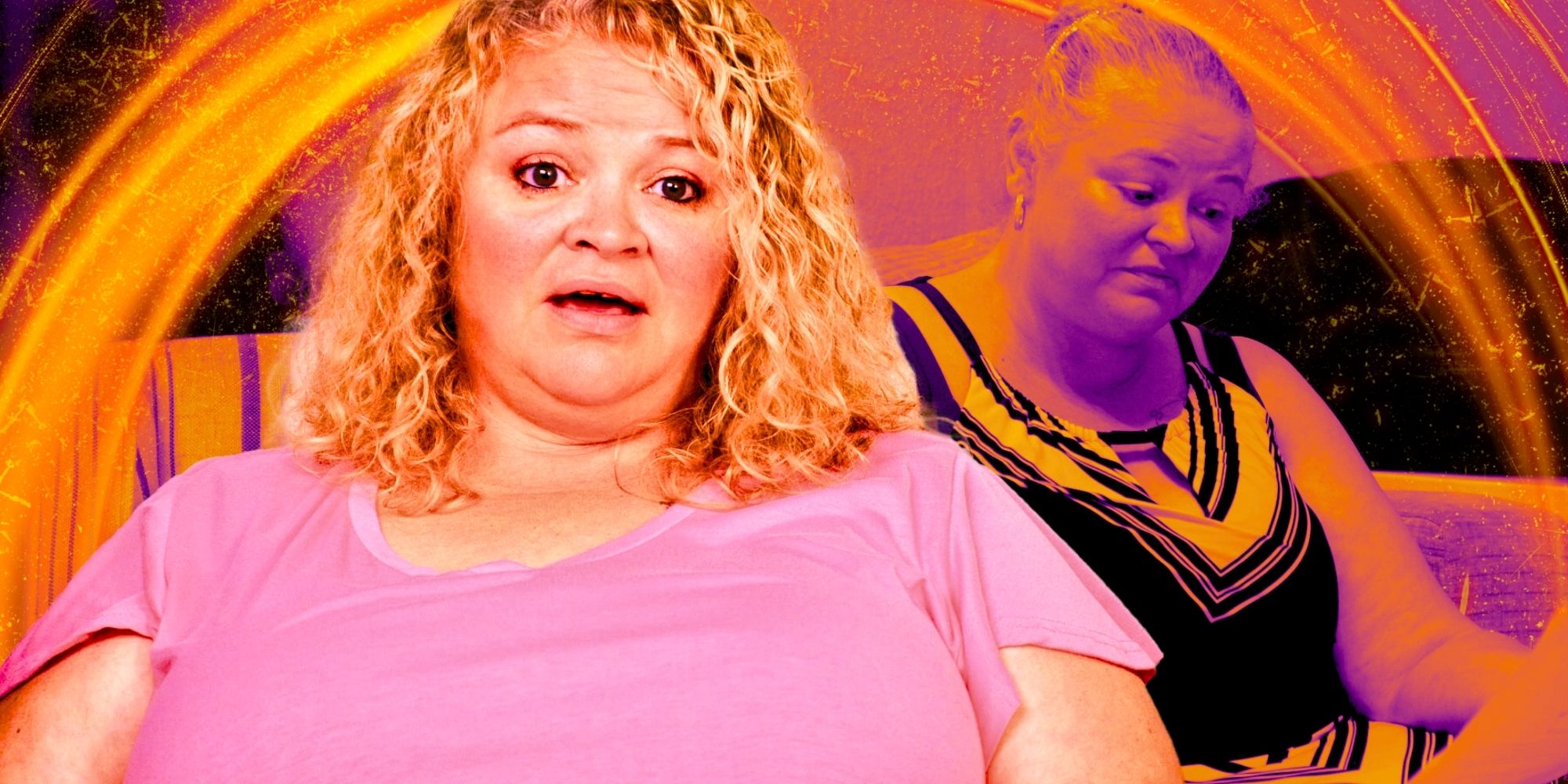 1000-Lb Sisters Amanda Halterman montage with pink and orange background and two images of Amanda