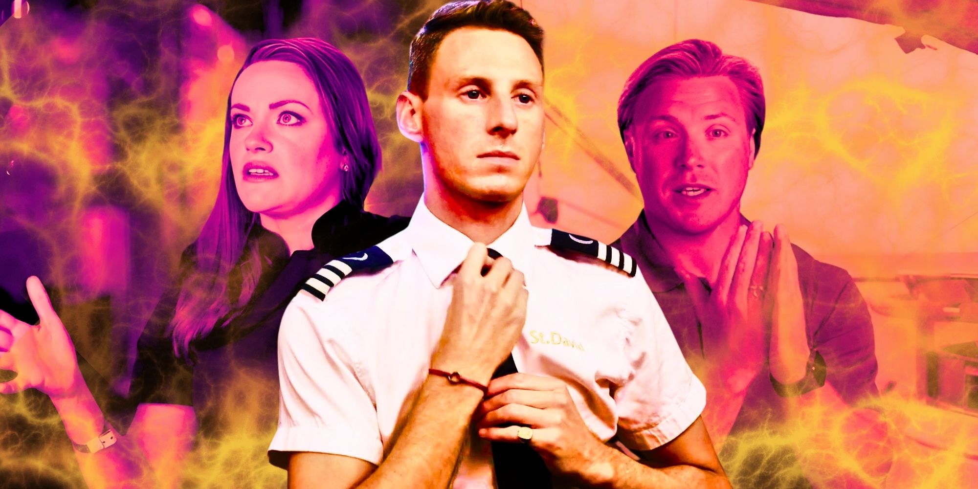 Rachel, Fraser, and Paget from Below Deck franchise with smoke around them orange and purple filtered background