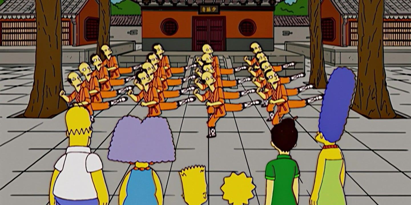 Simpsons family watching a Matial Arts display