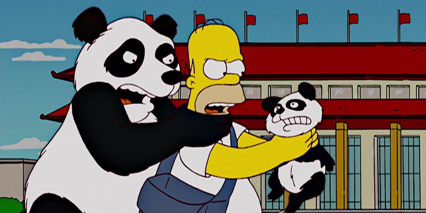 Homer Simpsons fighting and strangling a baby panda, while her mother is behind strangling homer