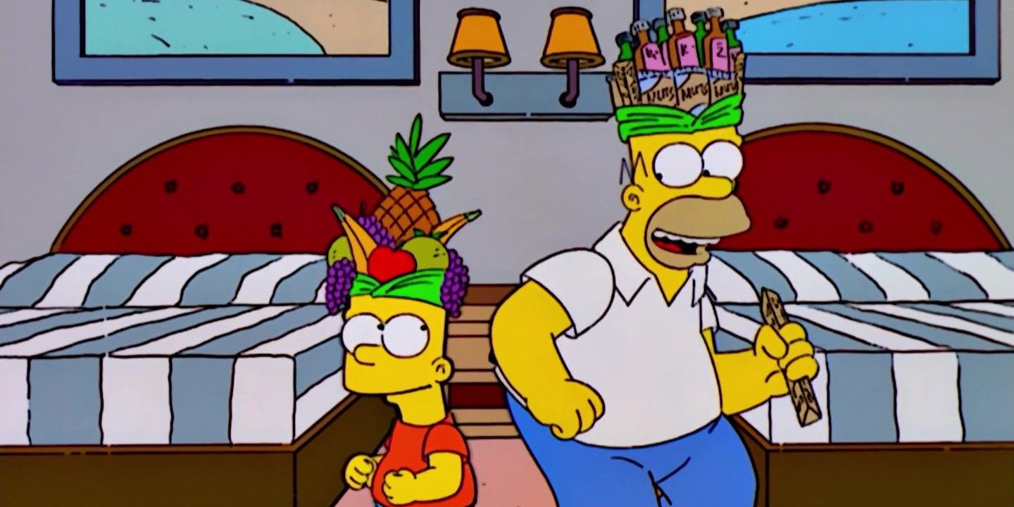 Bart and Homer Simpsons dancing with baskets on their heads