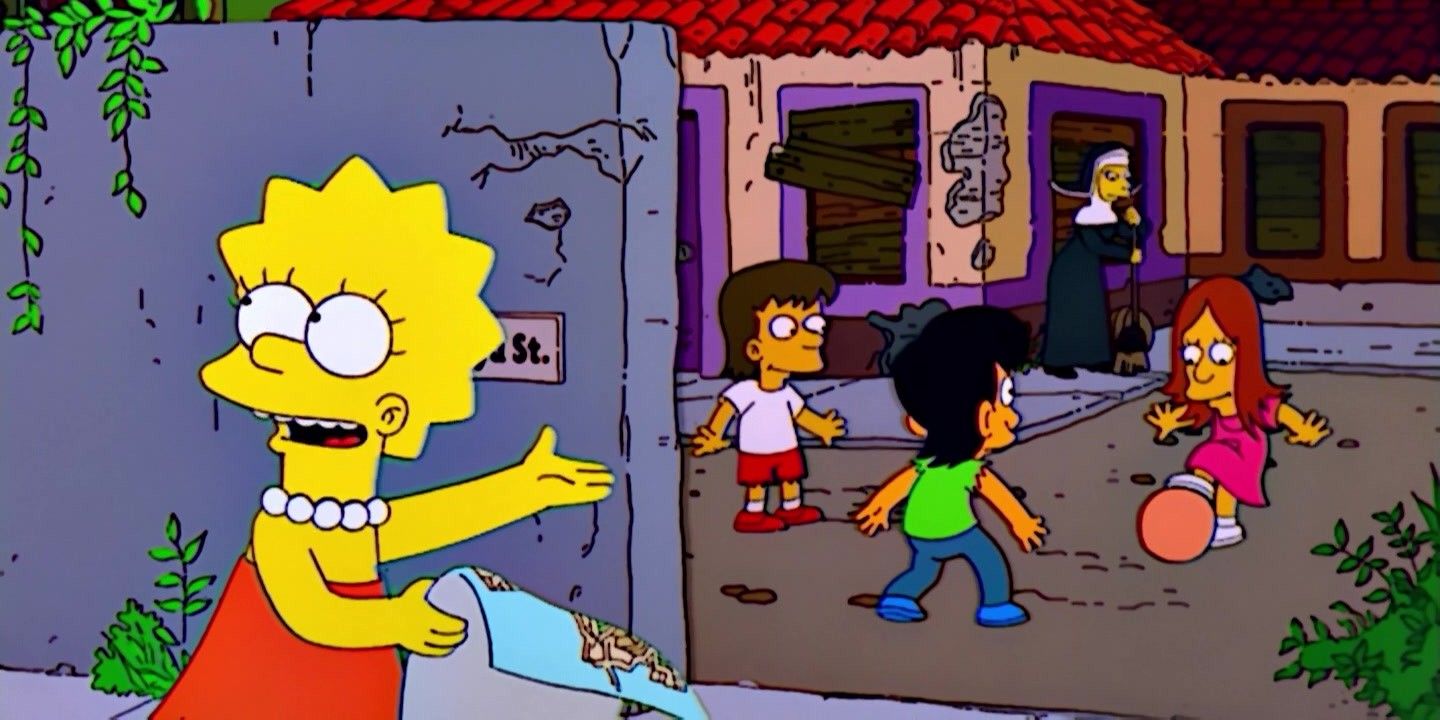 Lisa Simpson in front of a Brazilian orphanage