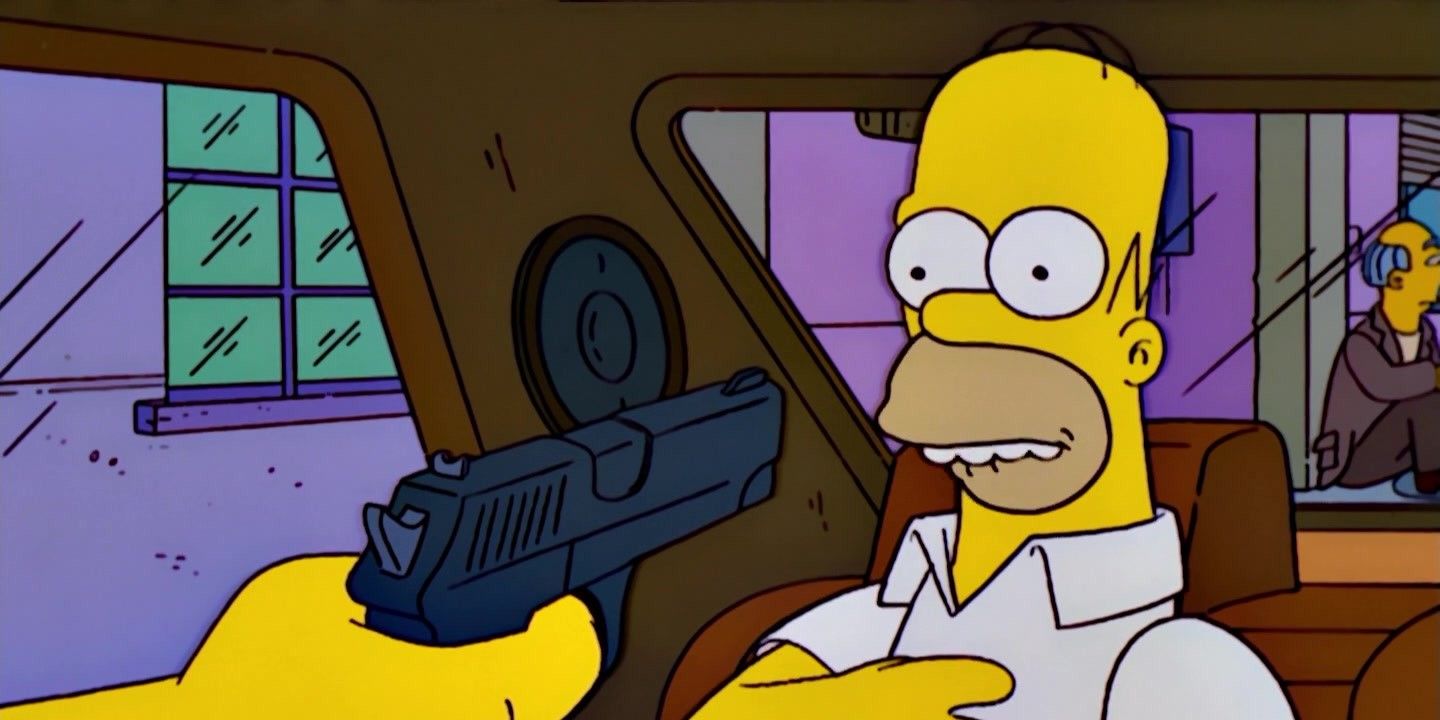 A gun pointed at Homer Simpson