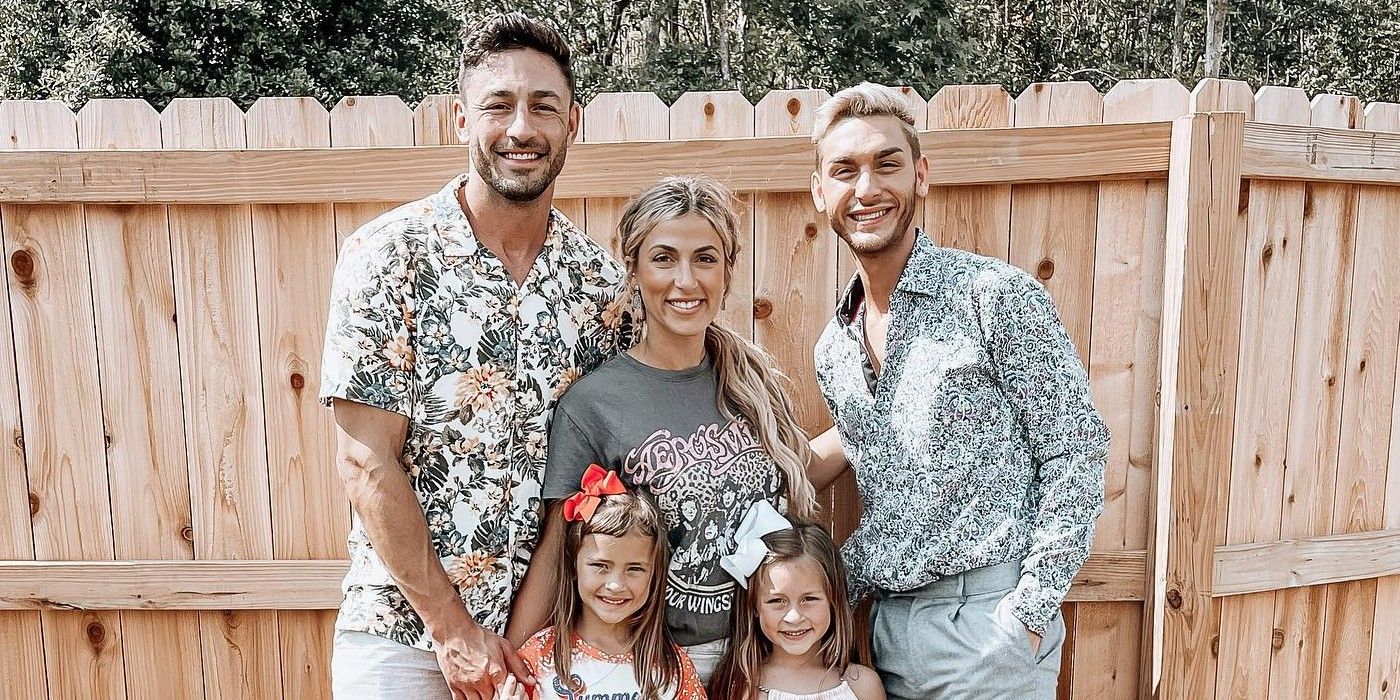 Tony Raines poses with his wife Alyssa, brother Shane, and daughters Isla and Harper in front of a wooden fence.