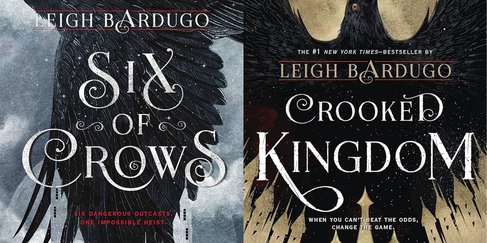 Split image six of crows and crooked kingdom book covers