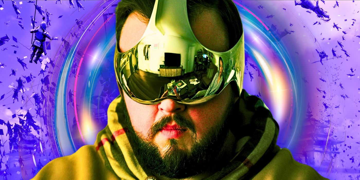 A custom image of John Bradley as Jack Rooney wearing the VR headset from 3 Body Problem