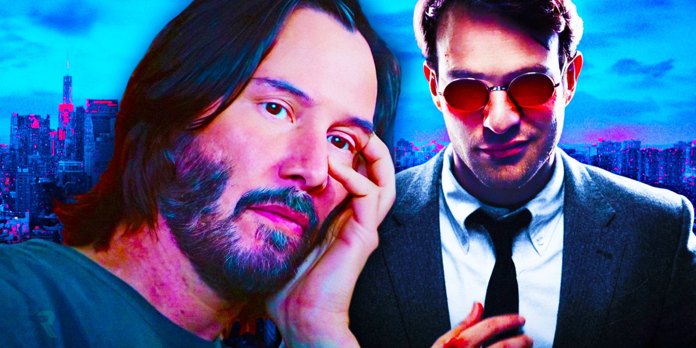 Keanu Reeves in The Matrix Resurrections and Charlie Cox as Matt Murdock/Daredevil
