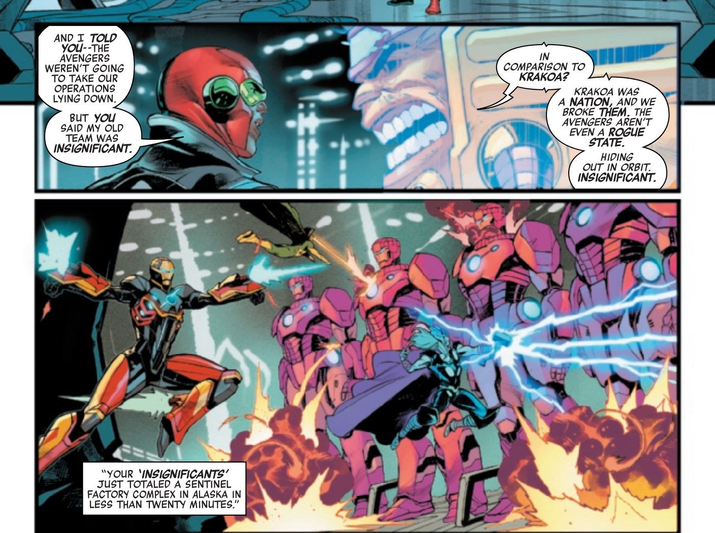 3D-Man and Modok discuss the Avengers destroying a Sentinel Base in Avengers (2023) #12