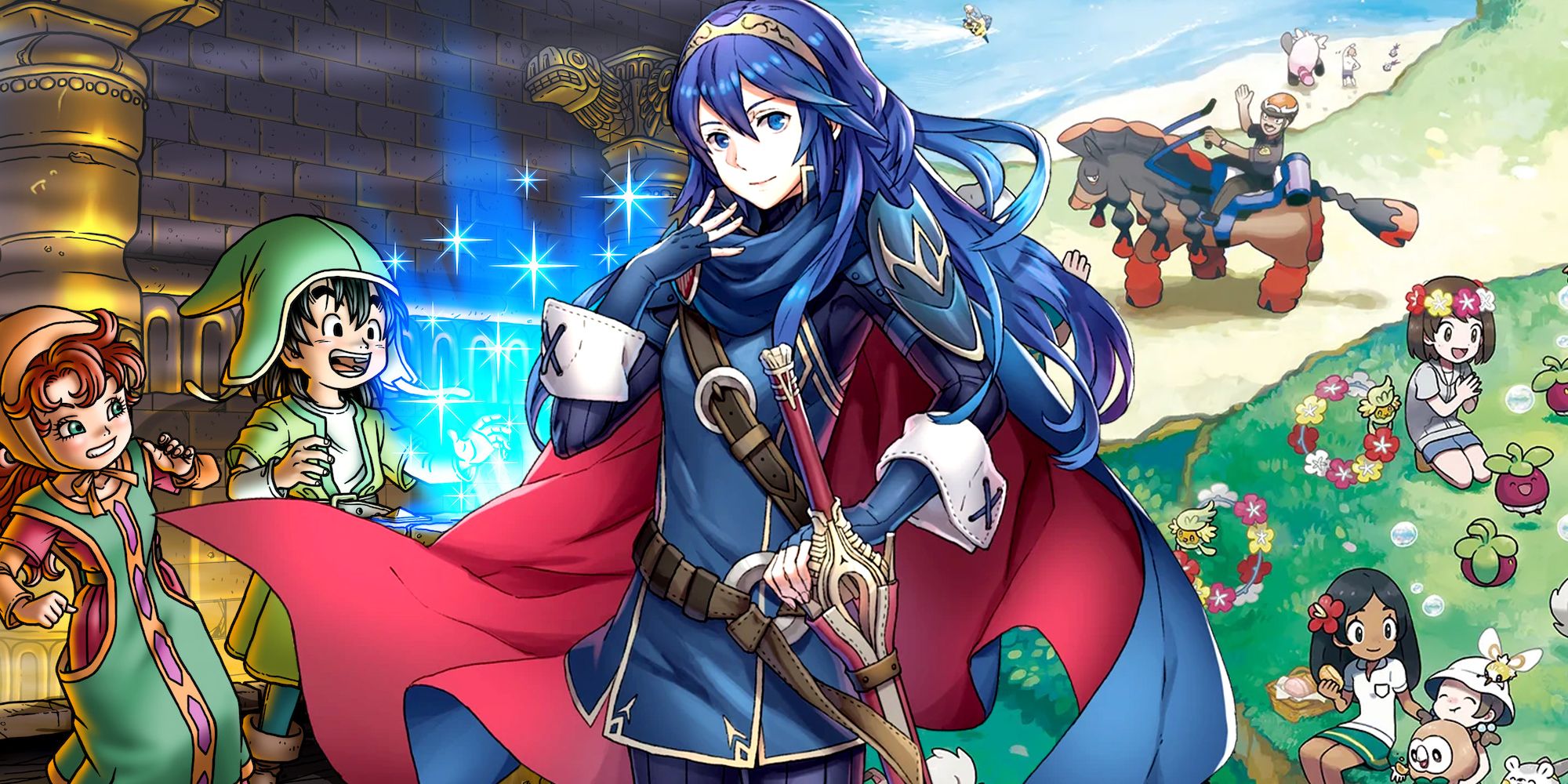 Lucina from Fire Emblem Awakening in front of art for Dragon Quest 7 and Pokemon Sun.