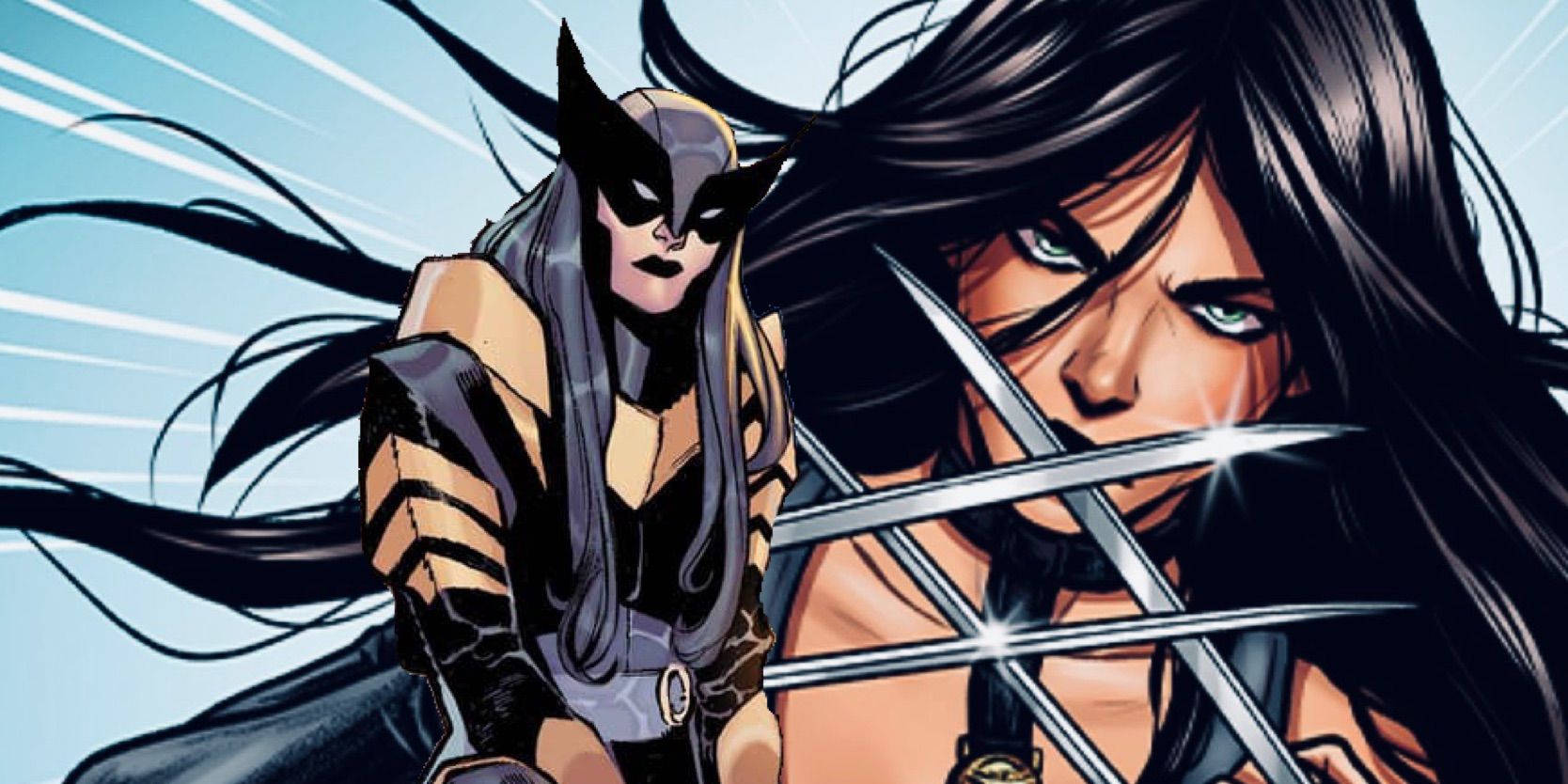 Laura Kinney (Wolverine/X-23) in her new NYX costume (foreground) and popping her claws in the background