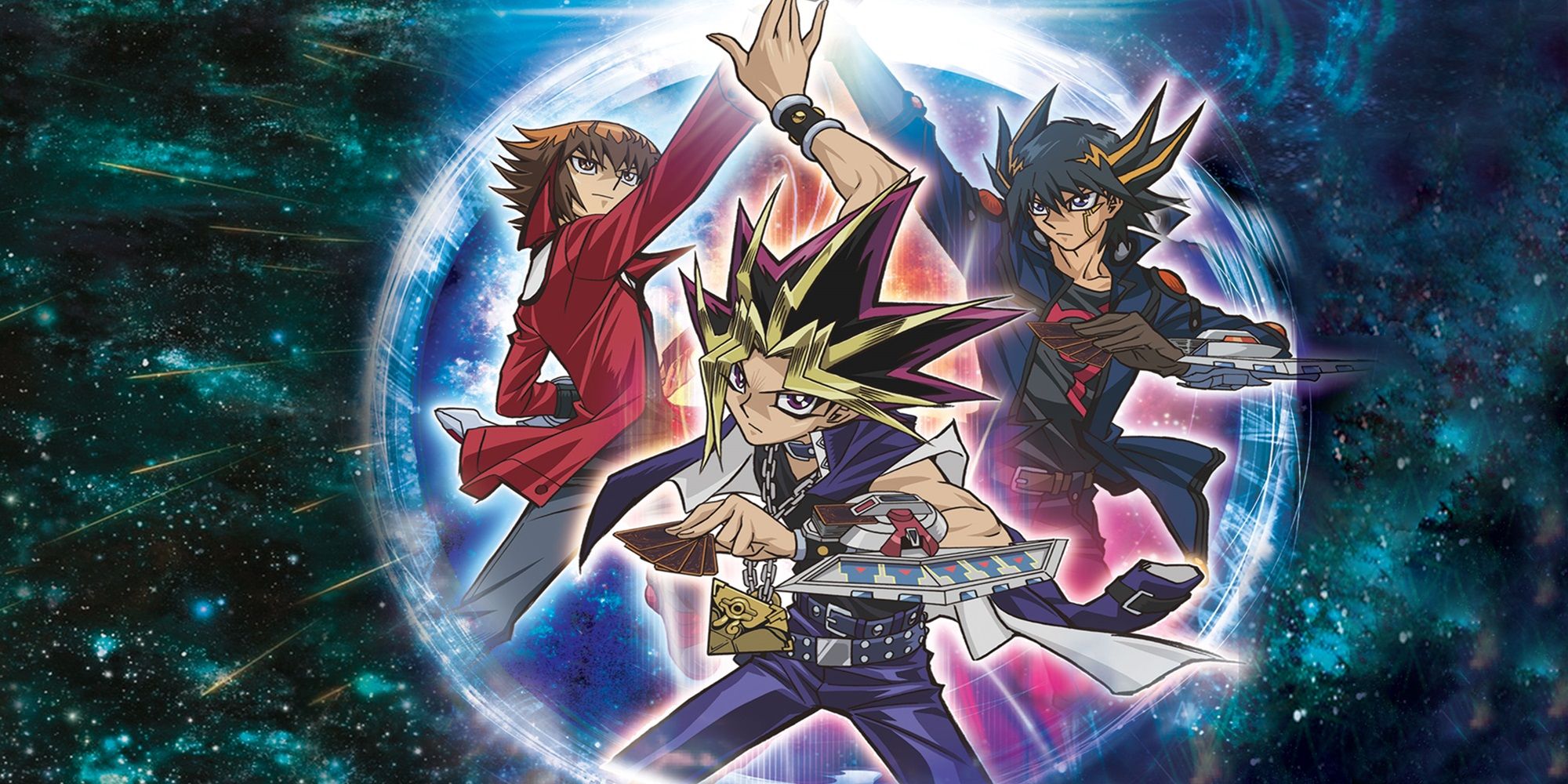 Yugioh 3D Bonds Beyond Time Visual featuring Yugi and two other Yu-Gi-Oh! anime protagonists preparing to duel.