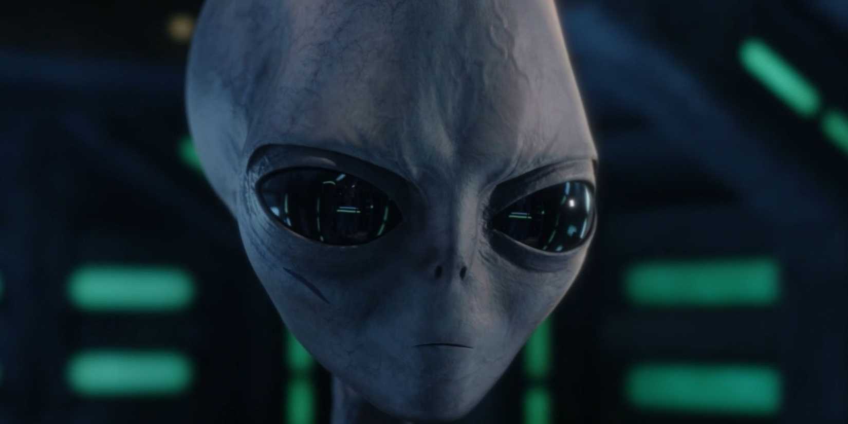 A Grey Alien looking angry in Resident Alien