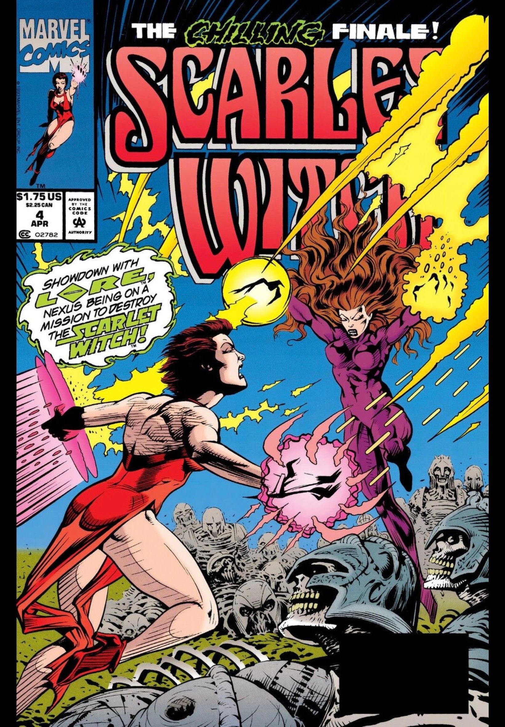 Capa da Scarlet Witch #4 de 1994, com o vilão Lore enfrentando Wanda.