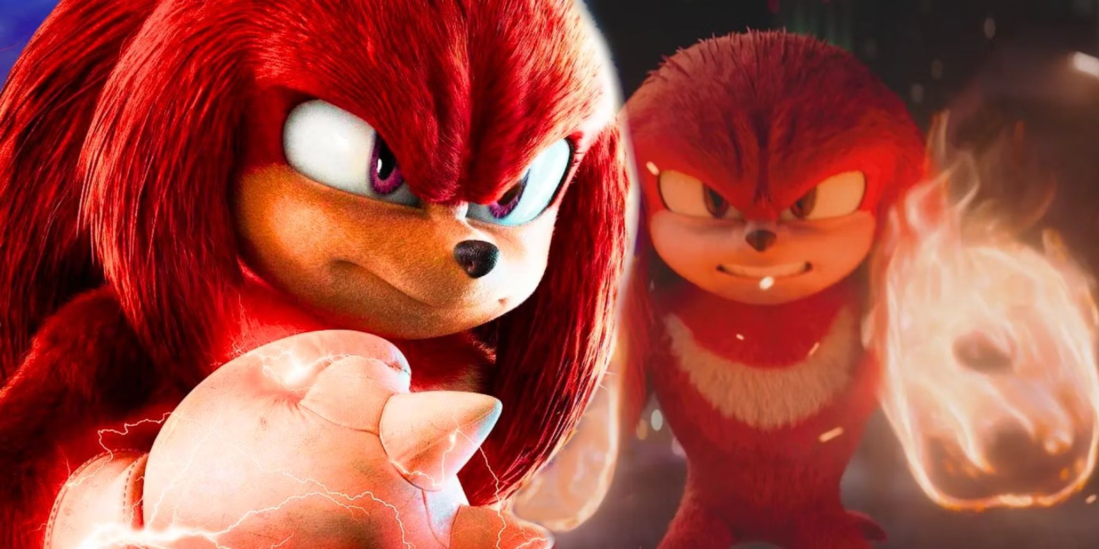Knuckles looking confident in Sonic the Hedgehog 2 next to Knuckles angry in Knuckles TV Show