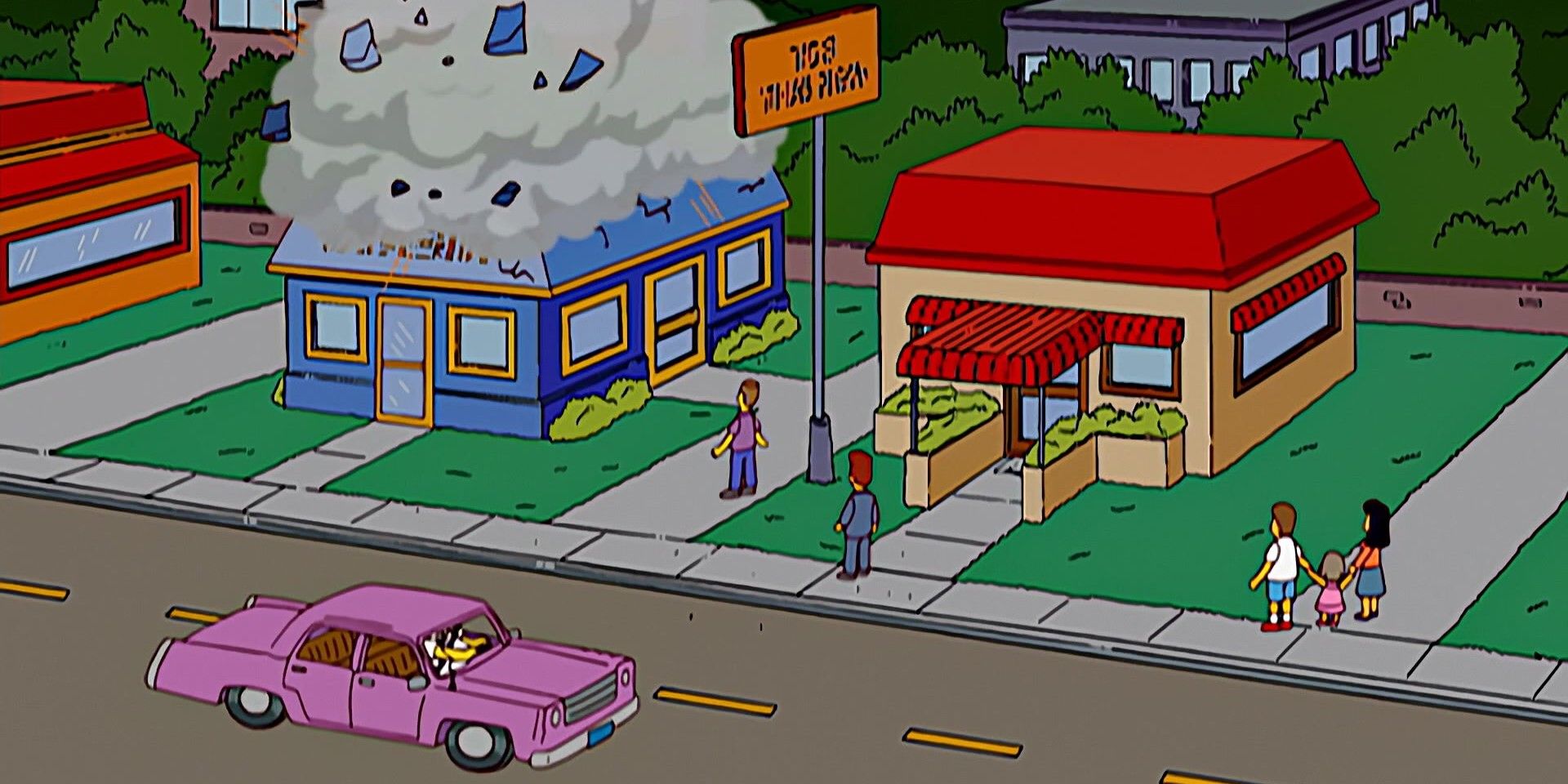 Homer blowing up a fast food restaurant