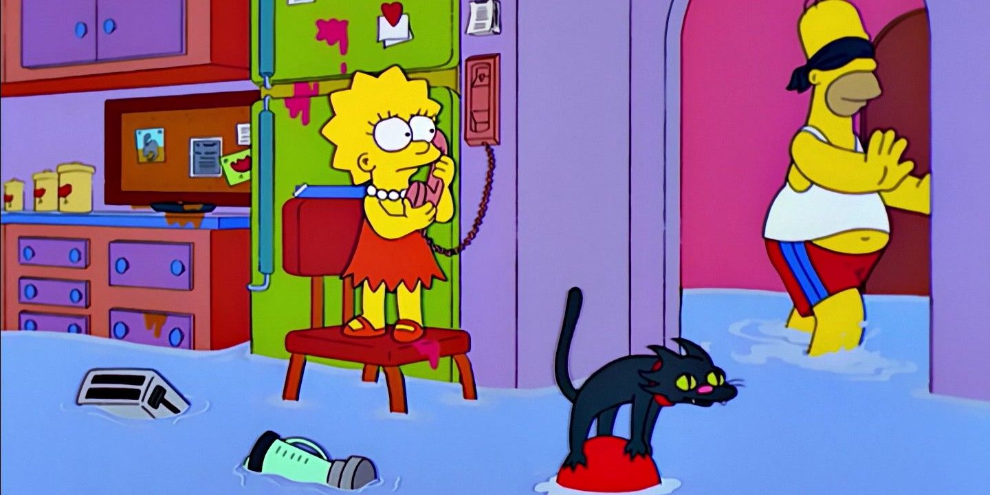 Simpons house flooded while Lisa is on the phone, Homer is blindfolded, and their cat is floating on top of a ball