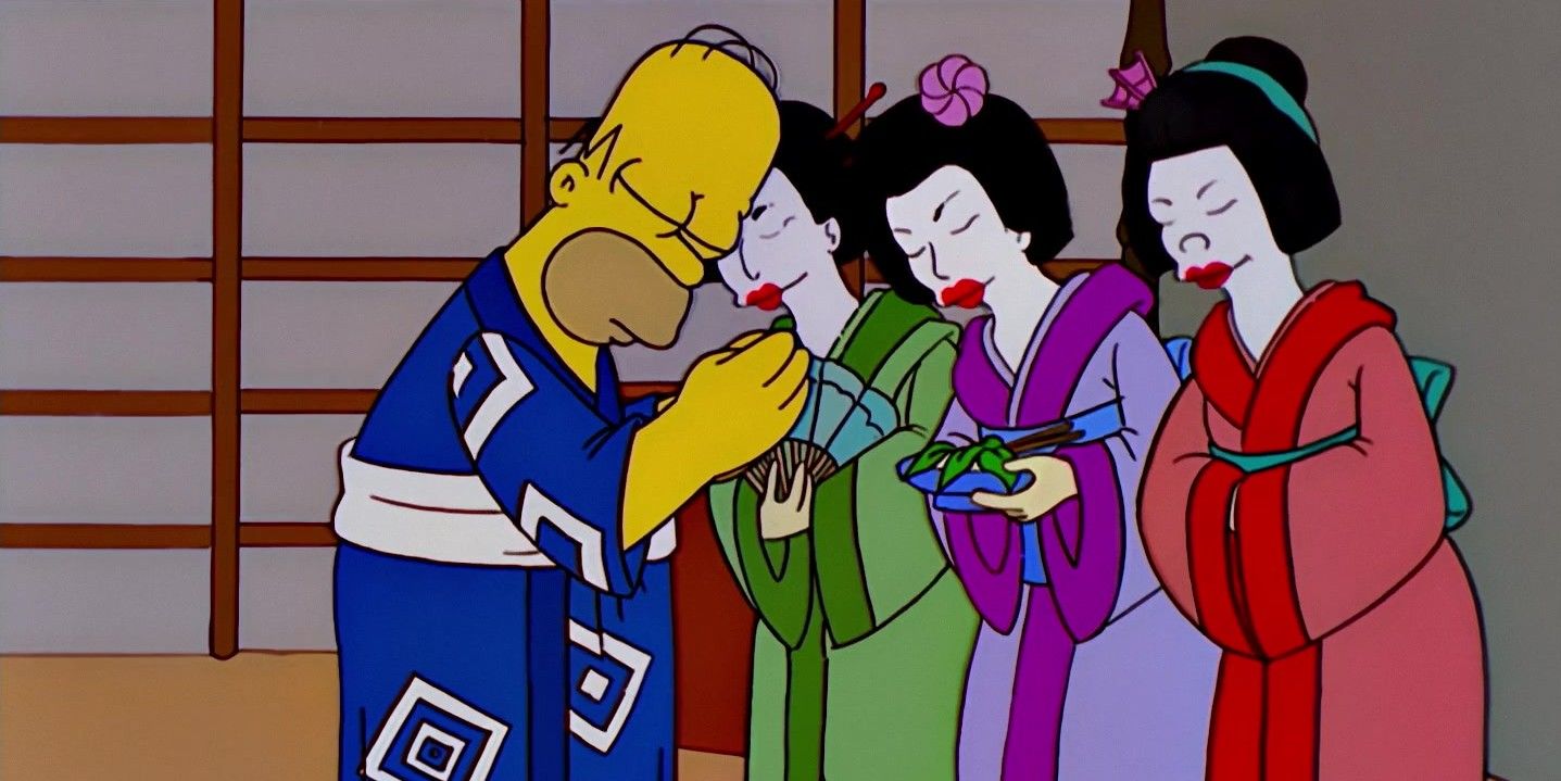 Homer Simpsons bowing to 3 Asian women in robes