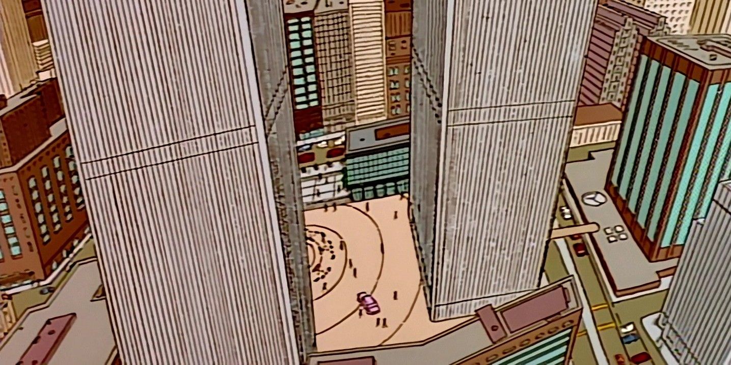 Panoramic shot of the twin towers in The Simpsons